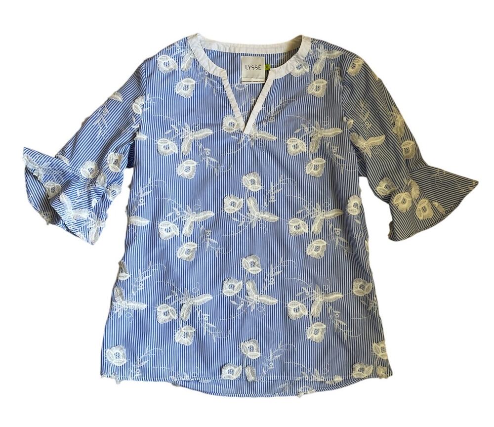 Lysse Tunic Top Blue White Floral Size Medium Bell Sleeve